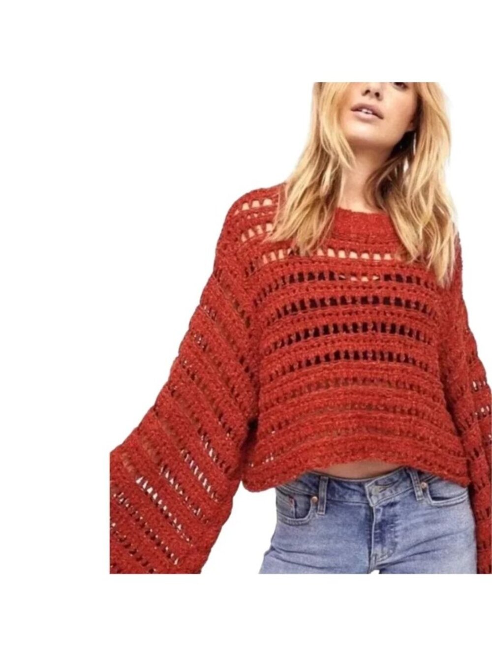 Free People Caught Up Crotchet Sweater Terracotta Boho Festival Size S Oversized